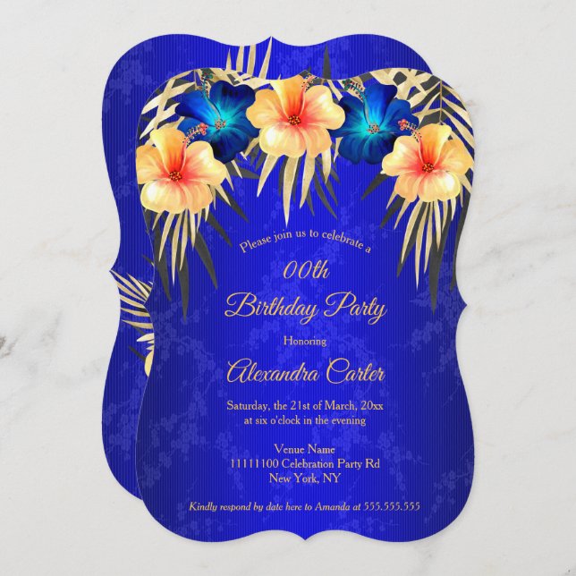 Blue Gold Palms Hibiscus Damask Birthday party Invitation (Front/Back)