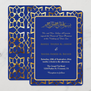 Blue gold pattern islamic muslim wedding invitation