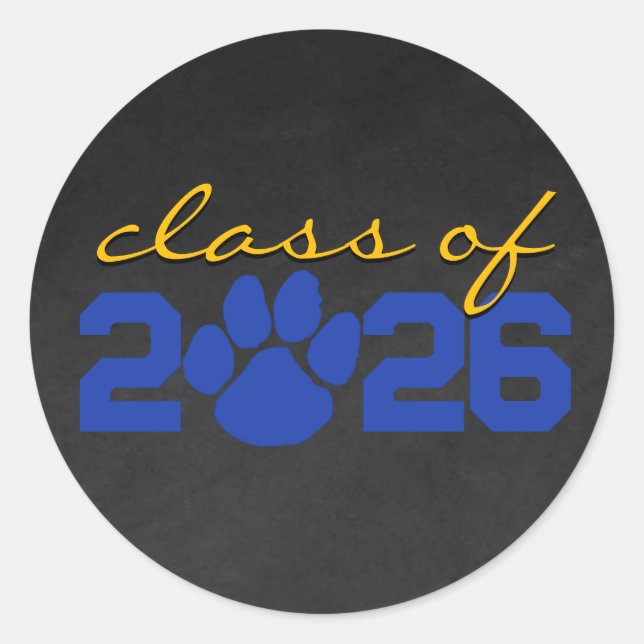 Blue & Gold Paw Print Chalkboard Graduation Classic Round Sticker (Front)