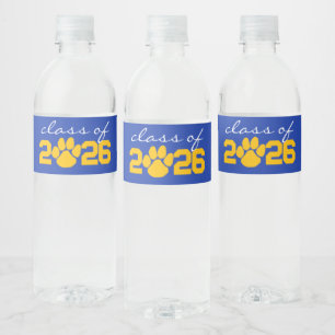 Blue & Gold Paw Print Graduation Water Bottle Label