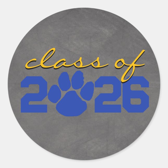 Blue & Gold Pawprint Light Chalkboard Graduation Classic Round Sticker (Front)