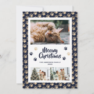 Blue Gold Paws Photo Meowy Christmas Card