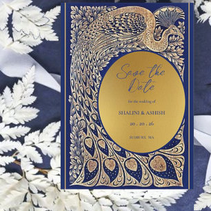 Blue Gold Peacock Art Nouveau Wedding Save The Date