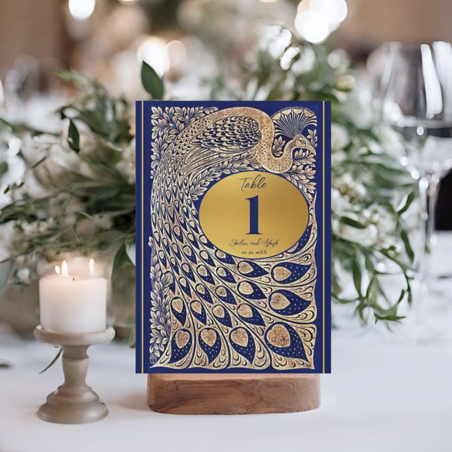 Blue Gold Peacock Art Nouveau Wedding Table Number (Creator Uploaded)