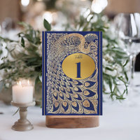 Blue Gold Peacock Art Nouveau Wedding Table Number