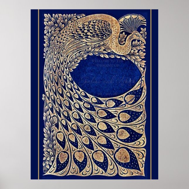 Blue Gold Peacock Art Nouveau Wedding Welcome Poster (Front)