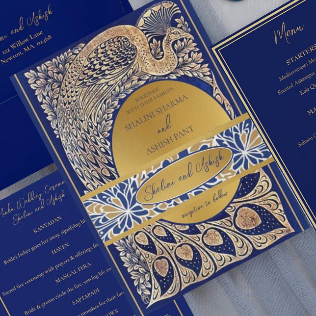 Blue Gold Peacock Art Noveau Wedding Invitation Belly Band (Creator Uploaded)