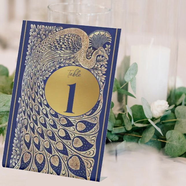 Blue Gold Peacock Art Noveau Wedding Table Number Pedestal Sign (Creator Uploaded)