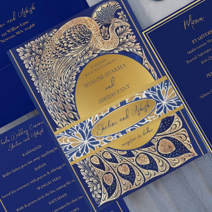 Blue Gold Peacock Indian Hindu Wedding Ceremony Invitation Belly Band