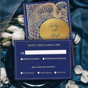 Blue Gold Peacock Indian Wedding RSVP Card