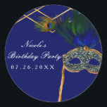 Blue & Gold Peacock Masquerade Party Custom Favour Classic Round Sticker<br><div class="desc">Blue & Gold Peacock Masquerade Party Custom Favour Stickers. Customise with any text you want.</div>
