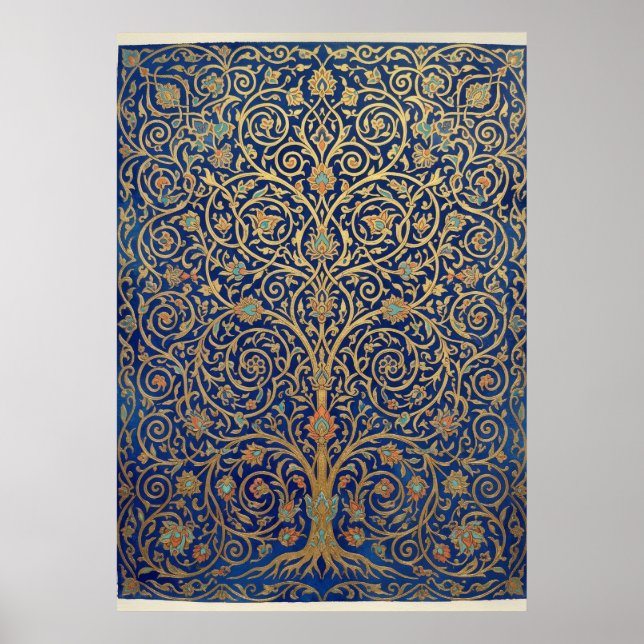 Blue Gold Persian Arabesque Tree Art Print | Islam (Front)
