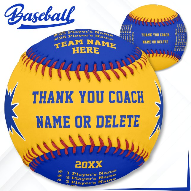 Blue, Gold Personalised Baseball Ball, All Players (Gift ideas for baseball coaches. All player's names on Blue and Gold, Personalized Baseball. Ball.)