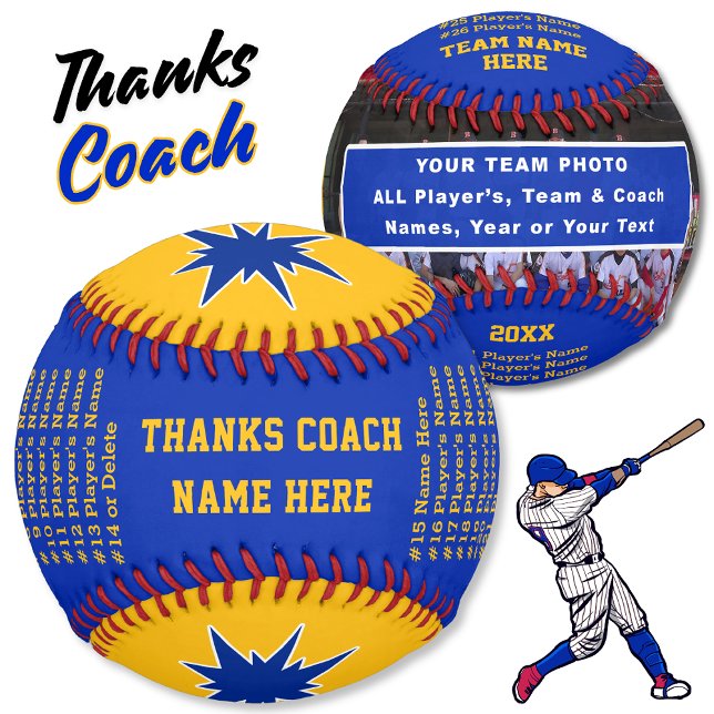 Blue Gold Personalised Photo Baseball Ball, Coach (Unique gifts for baseball coaches. Gift ideas for little league baseball coaches. Blue Baseball Ball)
