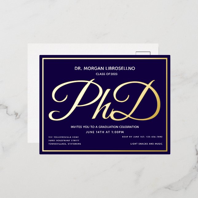 Blue Gold PhD Graduation  Foil Invitation Postcard (Front/Back)