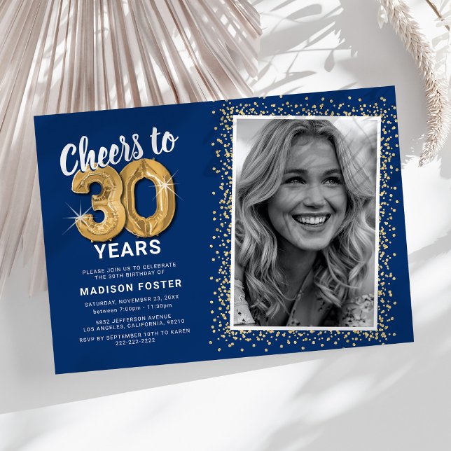 Blue Gold Photo 30th Birthday Invitation (Creator Uploaded)