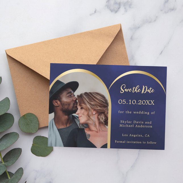 Blue gold photo arch wedding Save the Date card (Creator Uploaded)