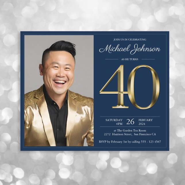 Blue Gold Photo Budget 40th Birthday Invitation (Mockup View)