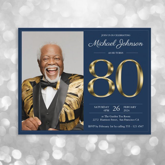 Blue Gold Photo Budget 80th Birthday Invitation (Mockup View)