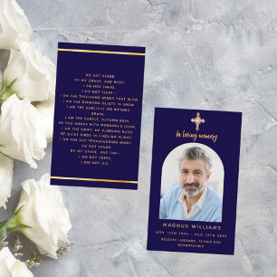 Blue gold photo cross arch funeral prayer card