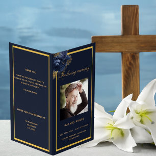 Blue gold photo elegant floral funeral program