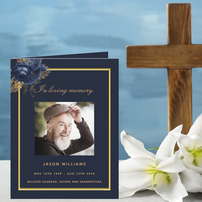 Blue gold photo elegant floral funeral program thank you card (Creator Uploaded)
