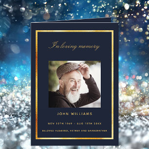Blue gold photo elegant funeral program thank you card