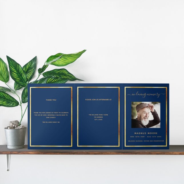 Blue gold photo elegant tri-fold funeral program announcement (Creator Uploaded)