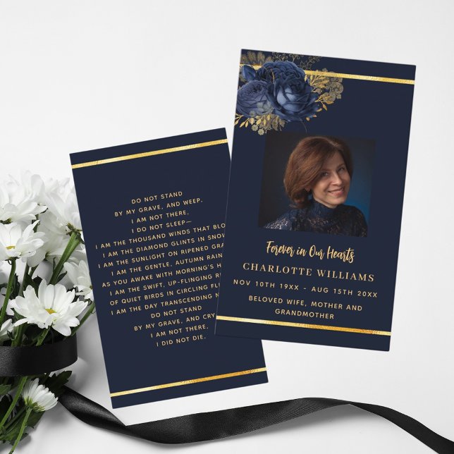 Blue gold photo floral funeral prayer card (Creator Uploaded)