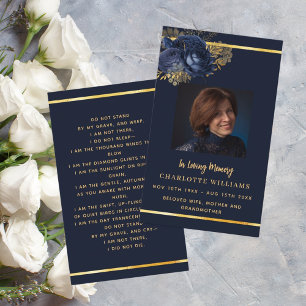 Blue gold photo floral funeral prayer card