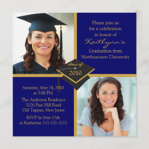Blue & Gold Photo Graduation Invitation
