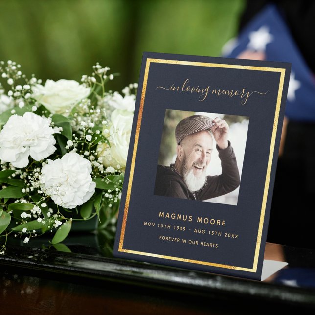 Blue gold photo memorial funeral pedestal sign (Creator Uploaded)