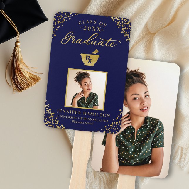 Blue Gold Photo Pharmacy School Graduation Hand Fan (Creator Uploaded)