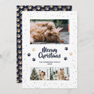 Blue Gold Photo Snow Paws Meowy Christmas Card