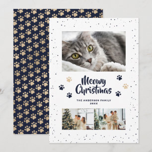 Blue Gold Photo Snow Paws Meowy Christmas Card