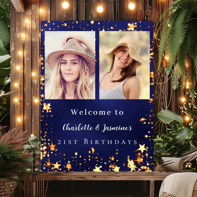 Blue gold photo stars 2 persons birthday welcome poster (Creator Uploaded)