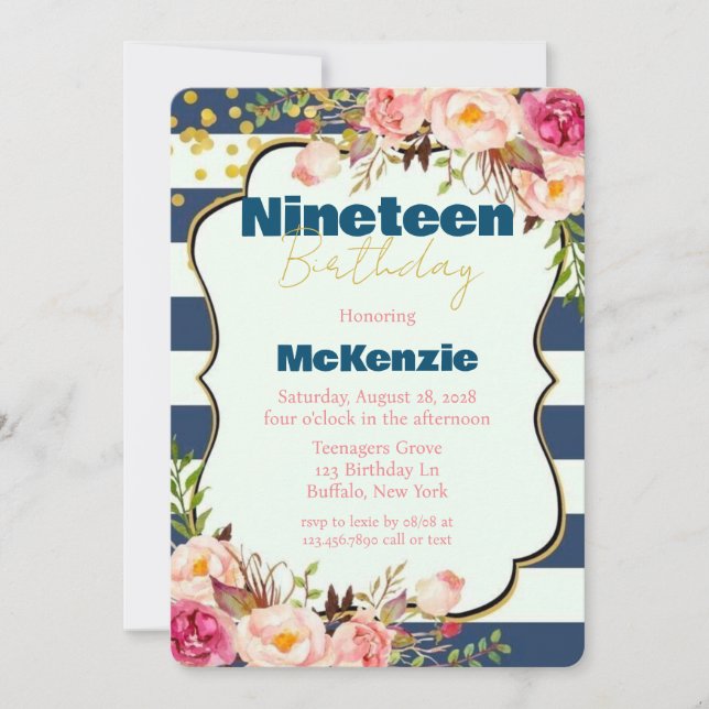 Blue Gold Pink Peony Girl 19th Birthday Party Invitation (Front)