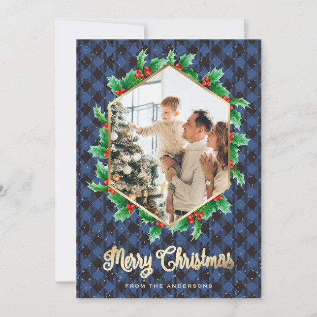 Blue Gold Plaid Watercolor Holly Photo Christmas Holiday Card (Front)