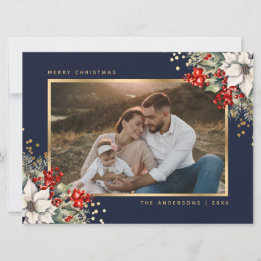 Blue Gold Poinsettia Berries Photo Christmas Holiday Card