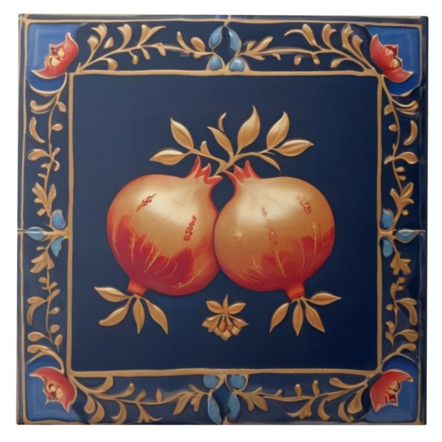 Blue & Gold Pomegranates Pink Red Pomegranate Tile (Front)