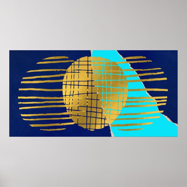 Blue Gold Poster Abstract Modern Collage Wall Art  (Front)