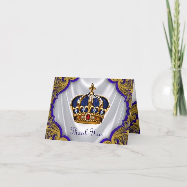 Blue Gold Prince King Crown Thank You Card (Front)