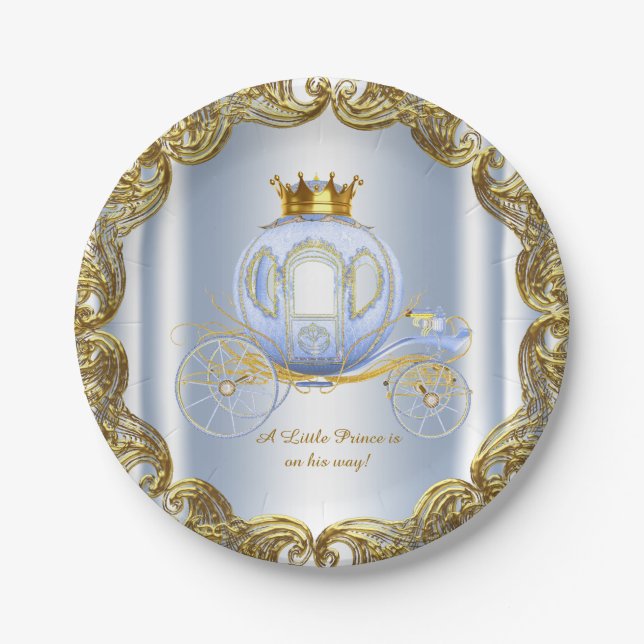 Blue Gold Prince Royal Carriage Prince Baby Shower Paper Plate (Front)