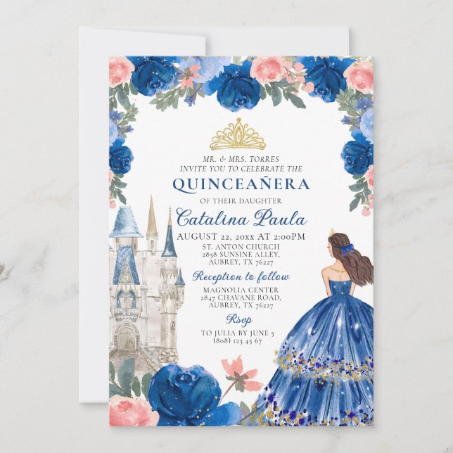Blue Gold Princess Castle Quinceañera Invitation (Front)