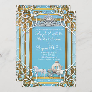 Blue Gold Princess Crown & Carriage Sweet 16 Party Invitation