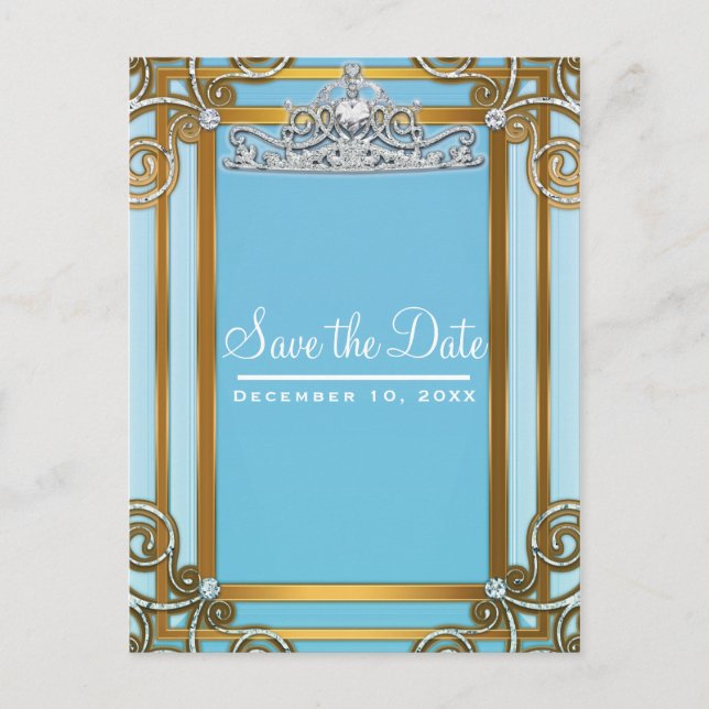 Blue & Gold Princess Crown Tiara Save the Date Announcement Postcard (Front)