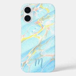 Blue Gold Printed Marble Summer Custom Monogram  iPhone 16 Case