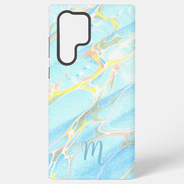 Blue Gold Printed Marble Summer Custom Monogram  Samsung Galaxy S22 Ultra Case (Back)