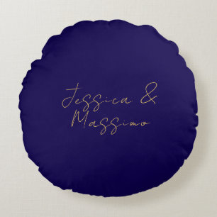 Blue & Gold Professional Trendy Minimalist Names Round Cushion