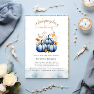Blue Gold Pumpkin Autumn Baby Shower Invitation